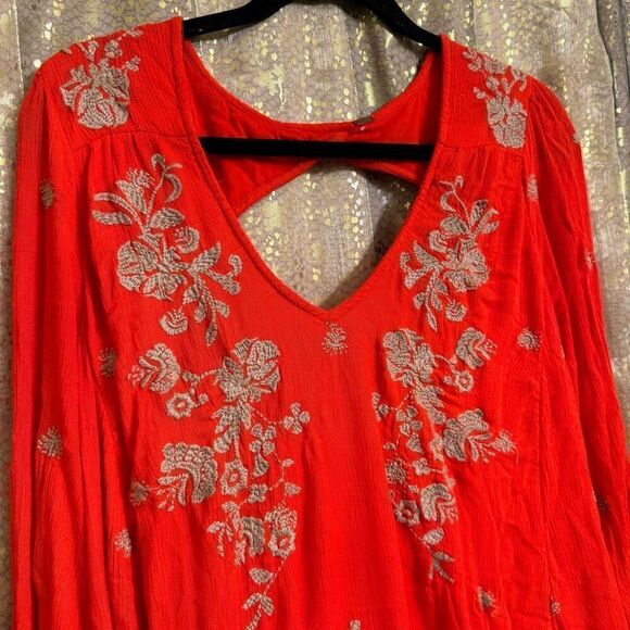 Free People Sweet Tennessee Red Tan Embroidered Long Sleeve Dress - Picture 3 of 9